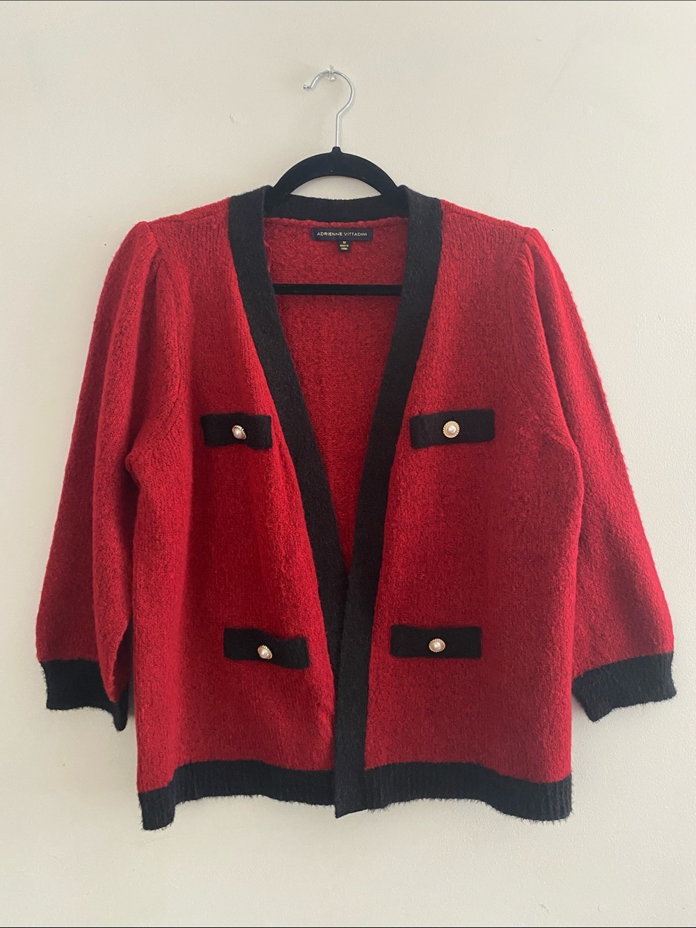 Adrienne Vittadini Red Open-Front Cardigan with Black Trim
